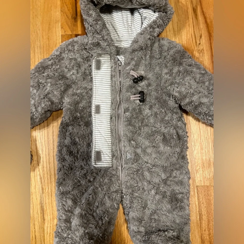 John Lewis UK Plush Bear Ears Hooded Pram Suit One Piece Gray Taupe 3-6 Months